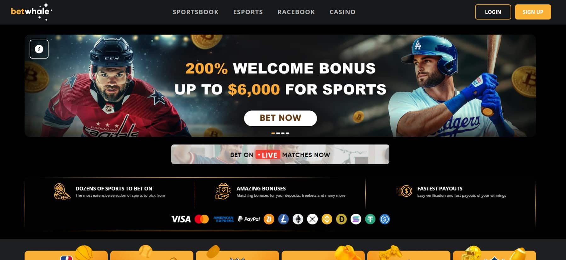 BetWhale Florida Sports Betting App front page screenshot showing the main welcome promotion